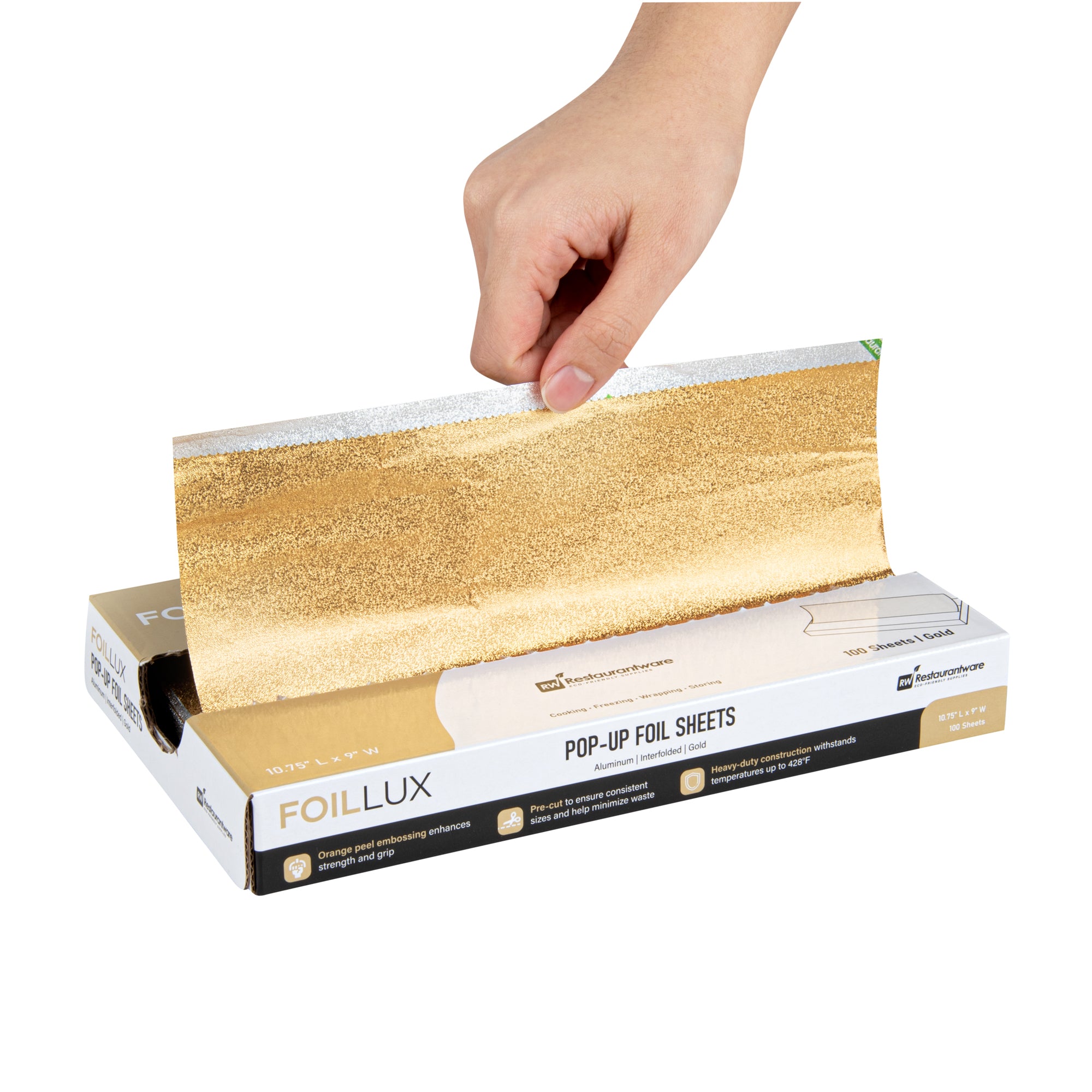 Foil Lux Foodservice Gold Aluminum Foil Pop-Up Sheet - Interfolded, Embossed - 10 3/4" x 9" - 2000 count box
