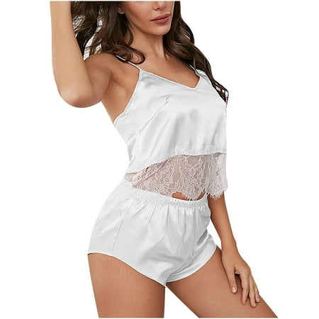 

Sexy Satin Pajama Sets for Women Spaghetti Straps Lace Trim Cami Tops with Shorts Summer Silk PJs Sets Sleepwear