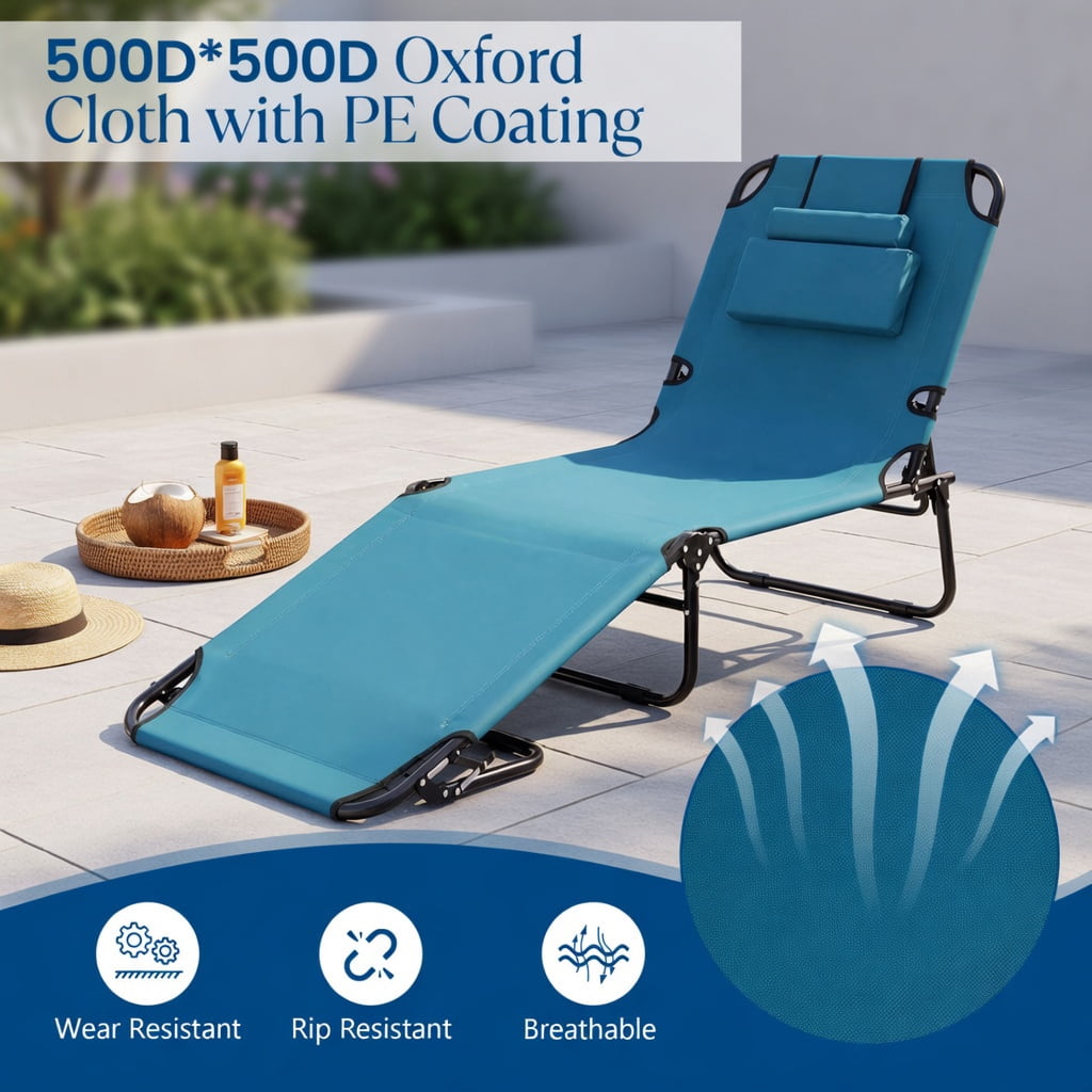 Hommoo Folding Face-Down Tanning Chair with Adjustable Backrest, 3 Removable Pillows & Face Hole, Blue