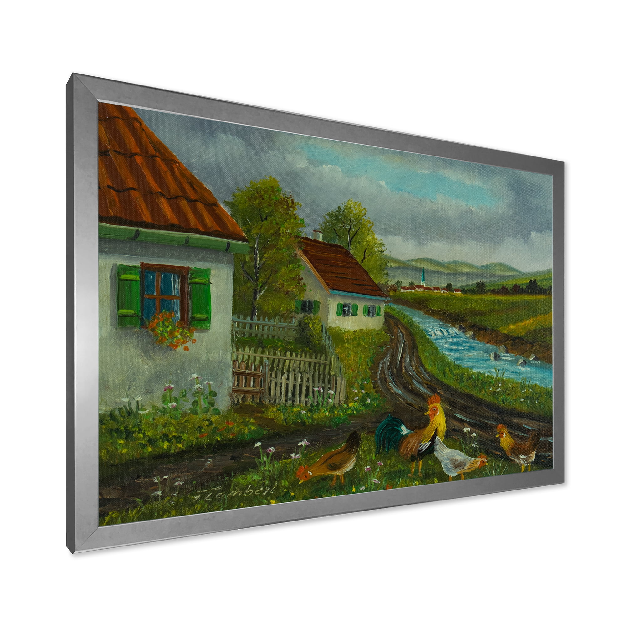 Designart 'A Cock and Three Chickens In A Meadow With Flowers' Farmhouse Framed Art Print