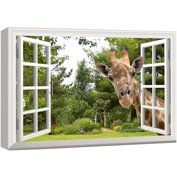 wall26 Canvas Print Wall Art Window View 3D Giraffe Illusion in Forest Nature Wilderness Photography Modern Art Rustic Scenic Colorful Ultra for Living Room, Bedroom, Office - 16"x24"