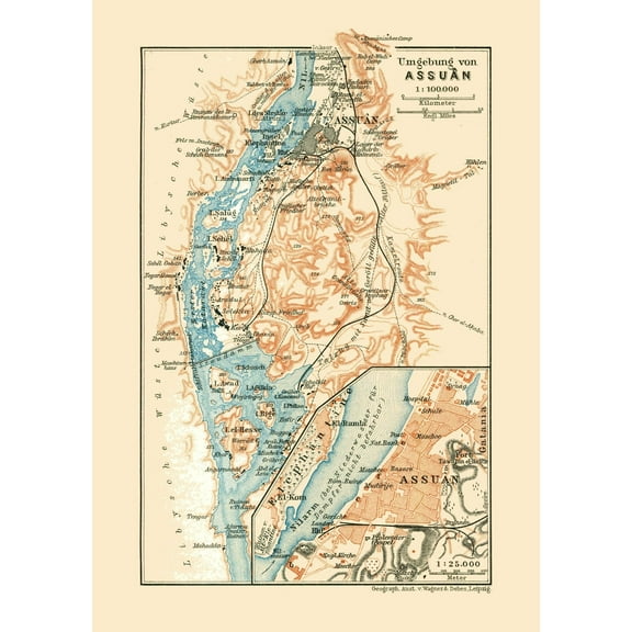 Historic Map - Aswan Egypt - Baedeker 1913 - Vintage Wall Art