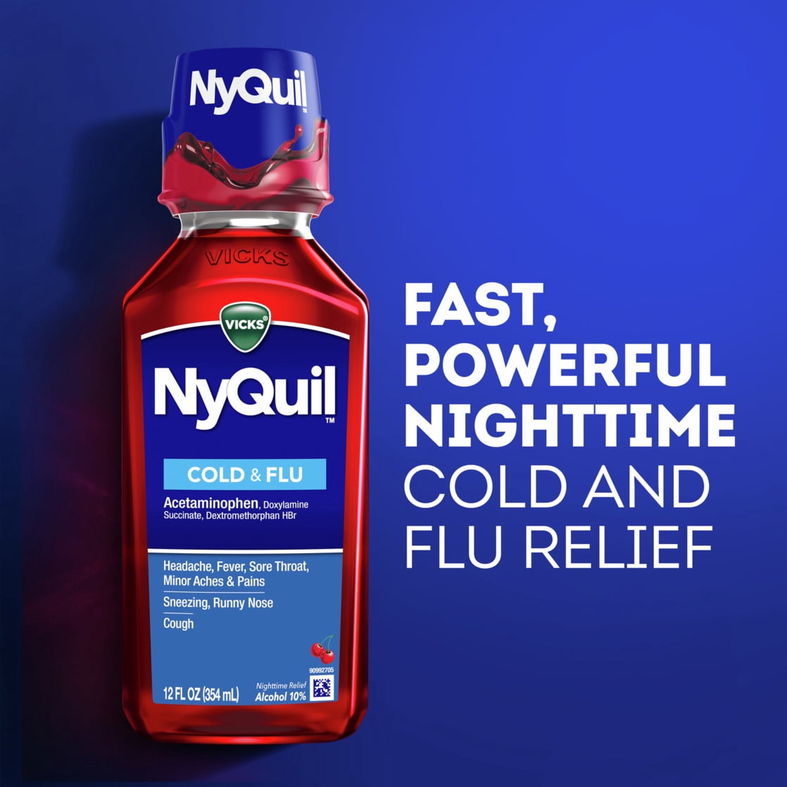 Vicks DayQuil and NyQuil Cold and Flu Liquid, Cold and Flu Medicine for Adults, Cherry, 2x12 Fl oz