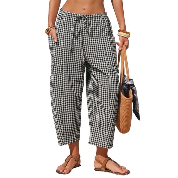 Plaid Barrel Pants for Women Summer 2026 Casual Loose Wide Leg Lounge Trousers Striped Capri with Pockets Black XS