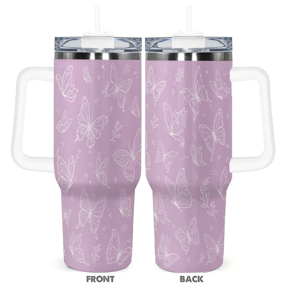 40oz Purple Butterfly Travel Tumbler with Handle and Straw Insulated Car Cup Gift for Women