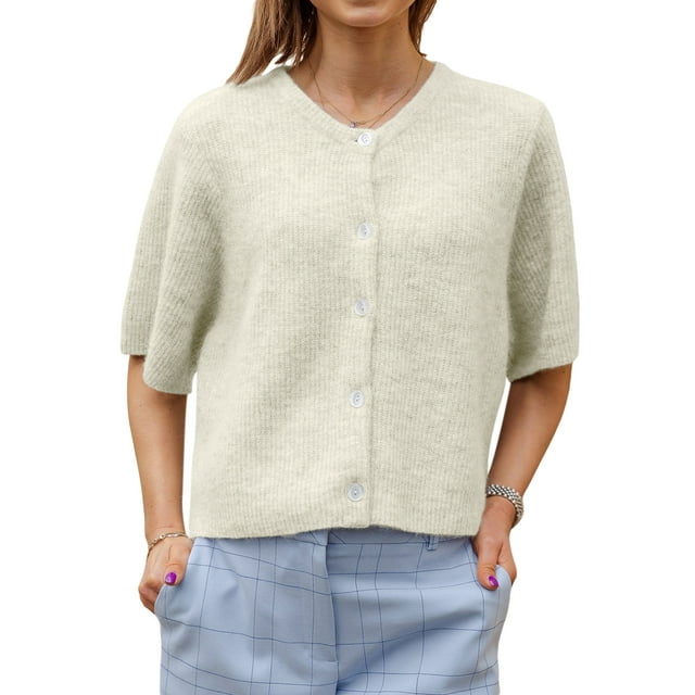 Gupgi Women Knitted Cardigan Short Sleeve Button Down Knit Crop Tops Solid Color Open Front Sweater