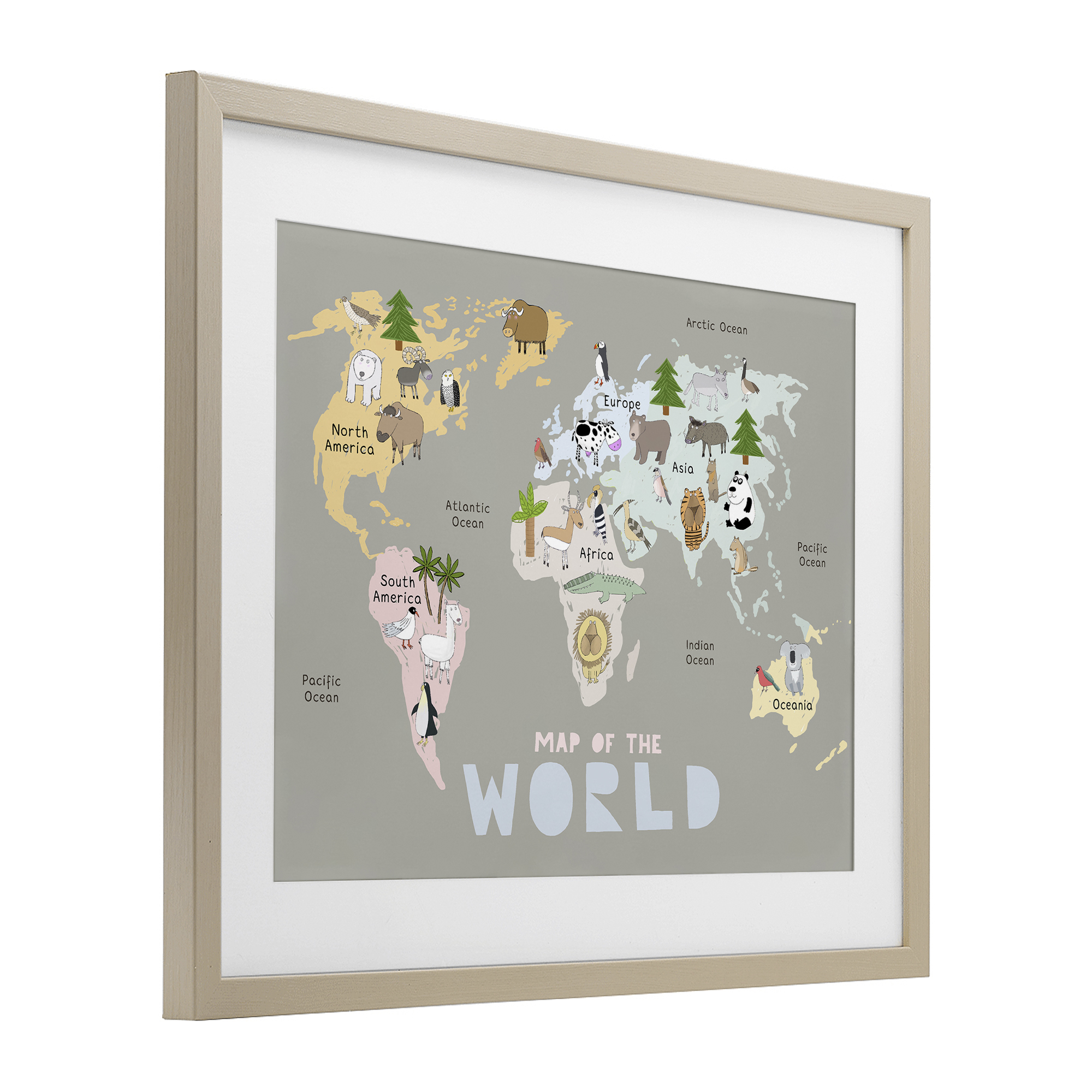 Kid's Map Of World Grey Birch Framed Print Under Glass, design by Carla Daly