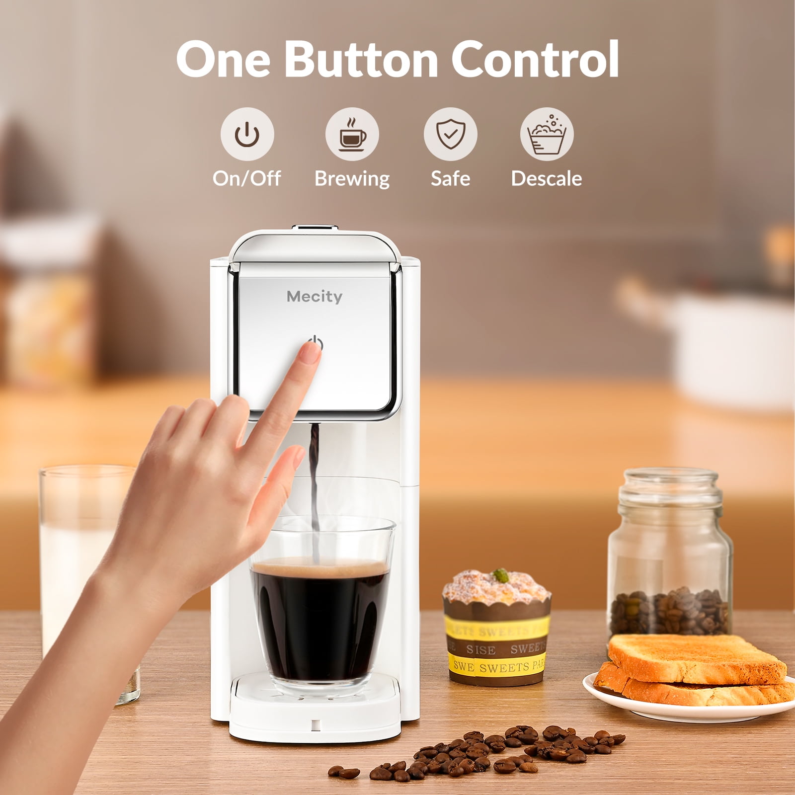 Mecity Mini Coffee Maker - Single Serve for K-Cup, Ground Coffee & Loose Tea, 6-12 Oz Brew Sizes, Includes Water Window & Descaling Mode, White