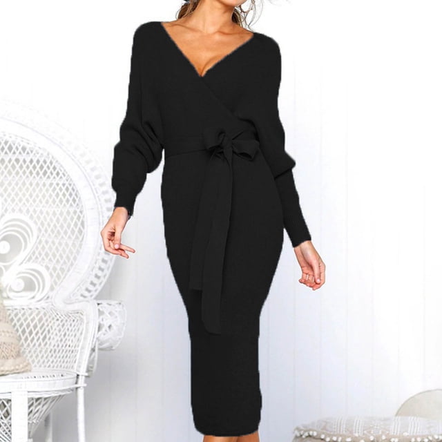 QIPOPIQ Robes pour Femmes pour Invitée de Mariage Fête Manches Courtes Nouvelle Robe d'Automne et d'Hiver d'Été Aguichant à Col en V à Nouer Robes à Manches Longues Offres 2023