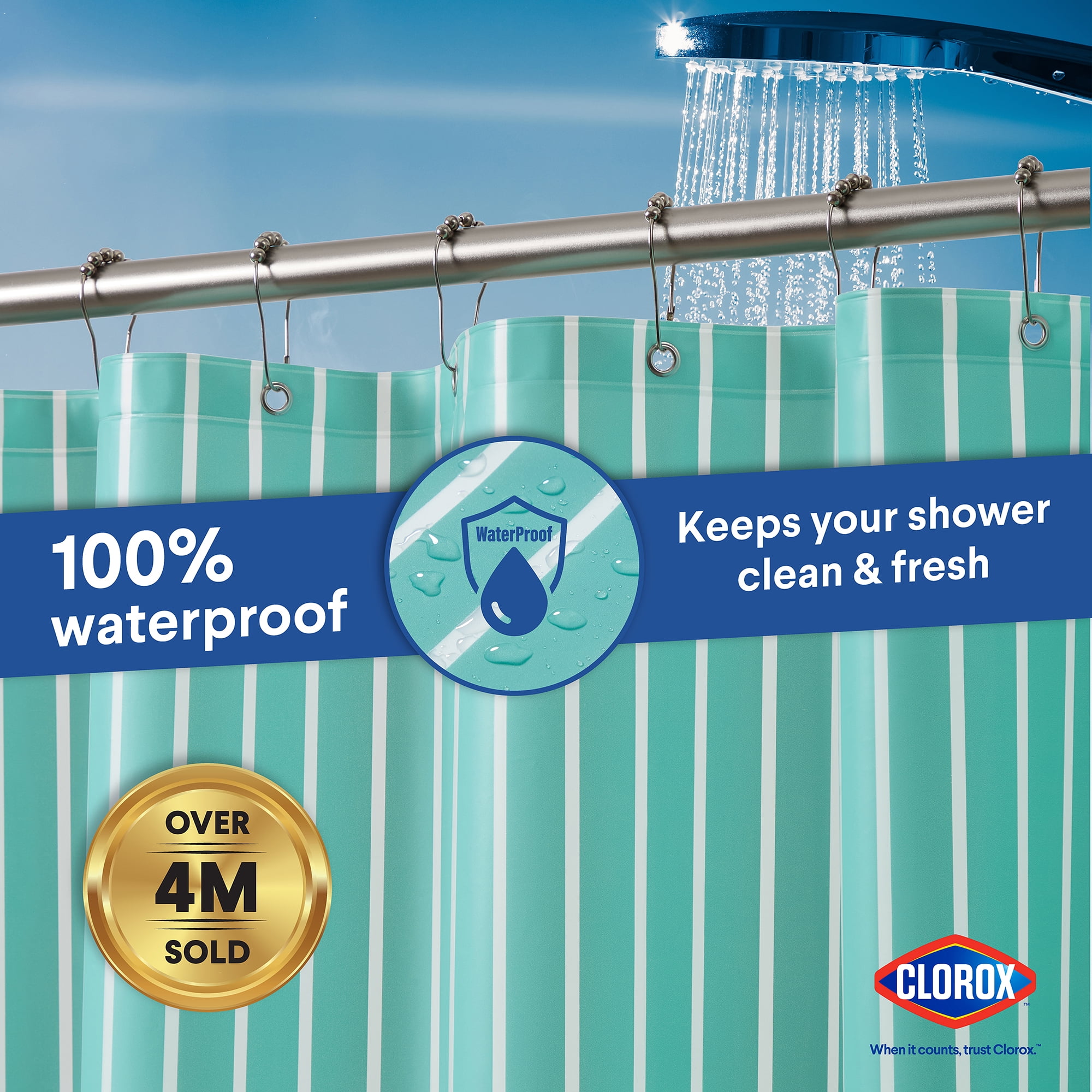 Clorox Shower Curtain Liner, Striped Waterproof 6g PEVA for Bathroom Standard Size 72" x 72", Aqua