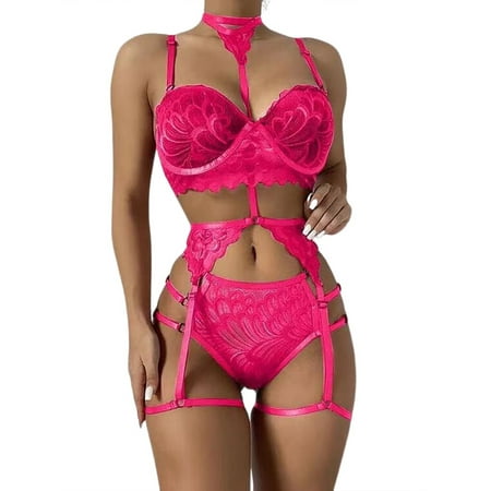 

Colisha Women Lingerie Set Halter Neck Bodysuit With Garter Belt Transparent Teddy Babydoll 3 Pieces Party Sexy See Through Sheer Lace Gift Rose Red S