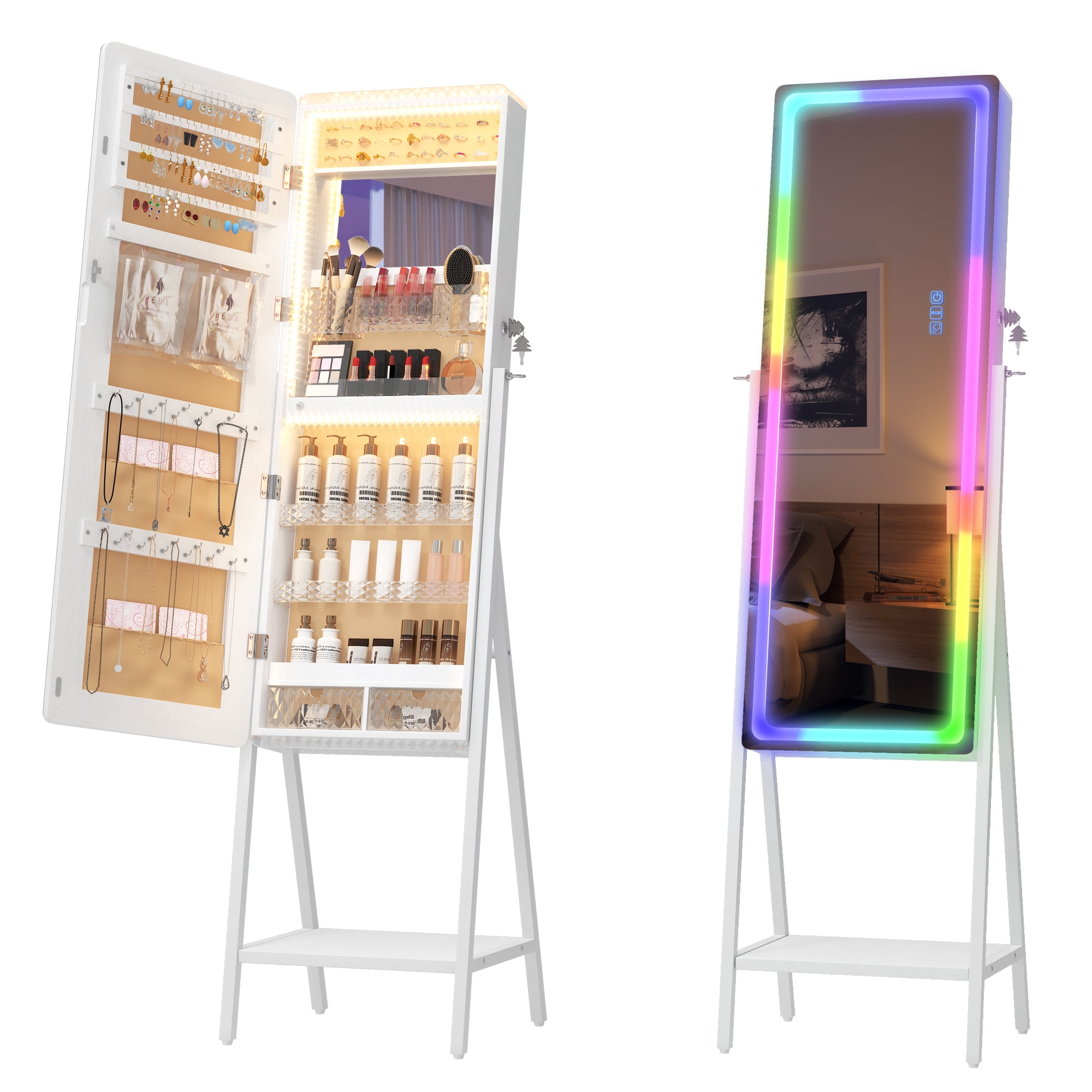 VKCC 42.5" Full Length Jewelry Armoire, 7-Color LED Mirror & Lockable Storage Cabinet, White