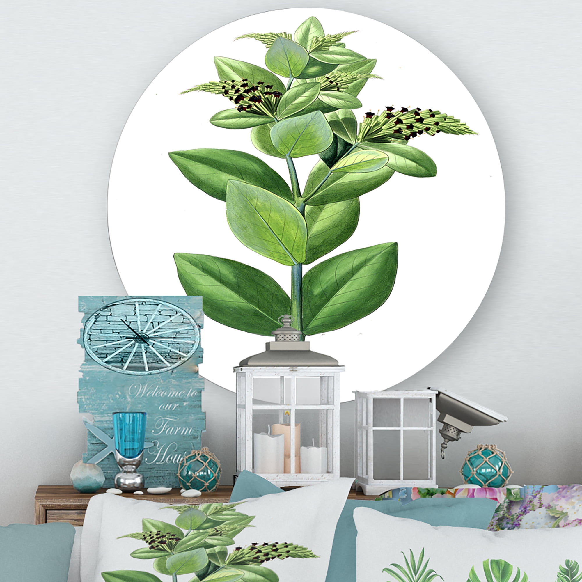 Designart 'Ancient Green Leaves Plants VI' Traditional Circle Metal Wall Art 11x11 - Disc of 11