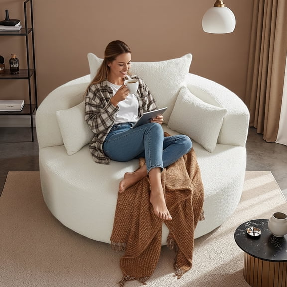 56"W Oversized 360° Swivel Chenille Upholstered Round Accent Barrel Chair with 3 Pillows