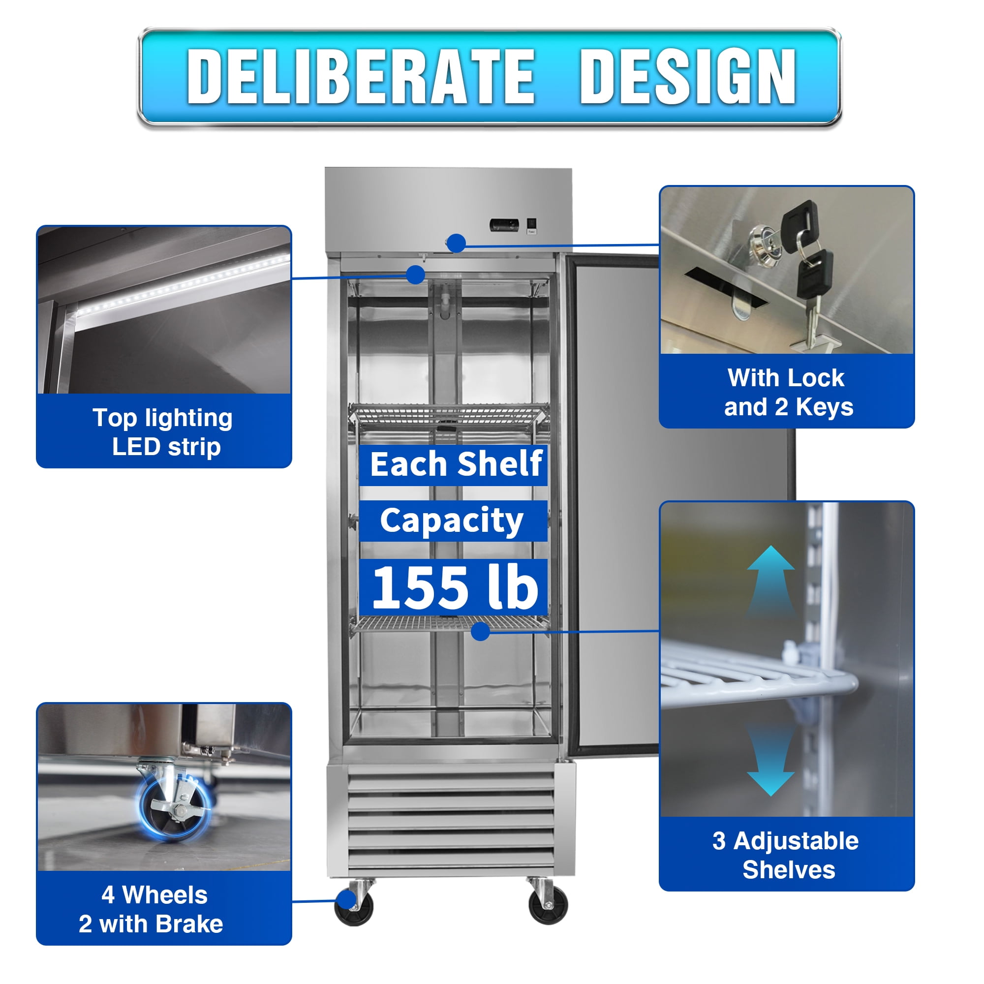 WHALLPRO 27" Commercial Refrigerator 23 Cu.ft with 1 Solid Door Reach-In Refrigerators Stainless Steel ETL Approved Upright Fridge Storage