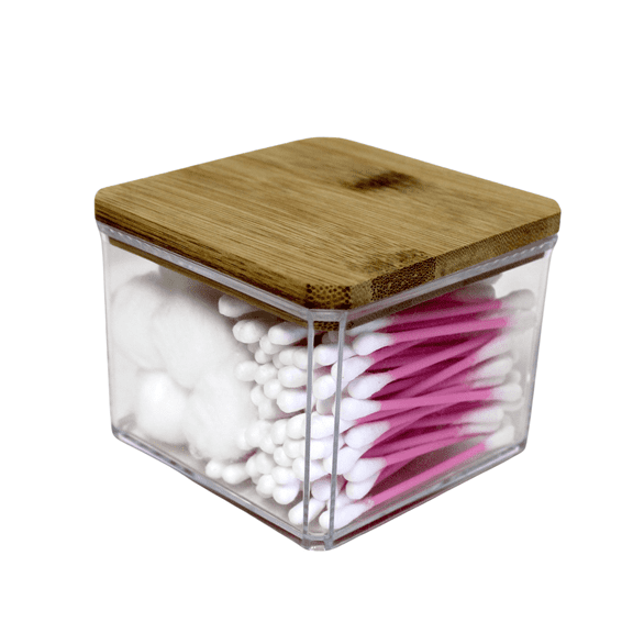 Bamboo Lid Cosmetic Organizer, Clear Small Storage Box for Bathroom Office, 3.75"