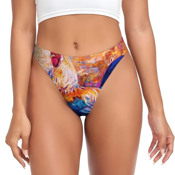 Balery Rooster Oil Painting Tangas de Algodón para Mujer con Estampado – Ropa Interior Sexy, Transpirable, G-string-X-Large