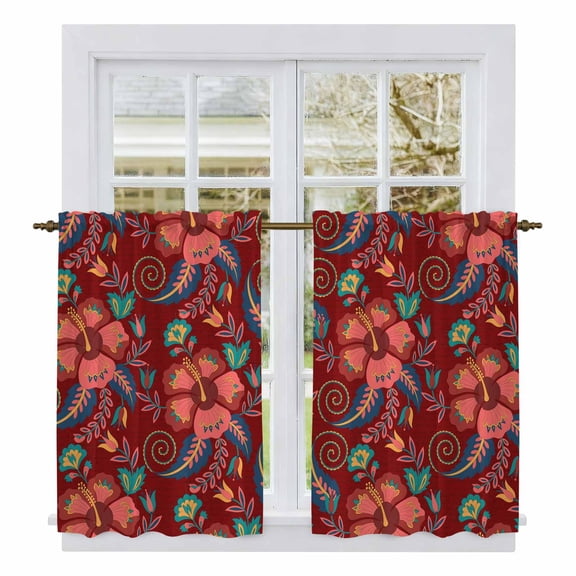 Red Boho Floral Tier Curtains, Vintage Southwestern Ethnic Tribe Botanical Light Filtering Kitchen Curtains, 2Pcs Rod Pocket Half Window Treatments Panels for Sink Cafe Cabinet Basement 27.5x45In