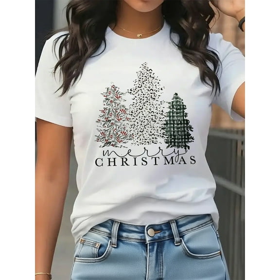 Women Merry Christmas T-Shirt Christmas Tree Graphic Shirt Crew Neck Short Sleeve White Top