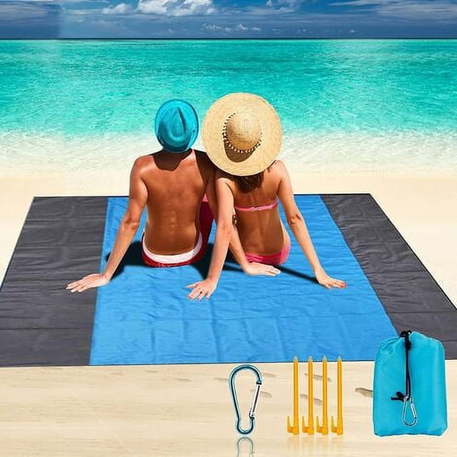 Manta de playa grande de 210 cm x 200 cm, impermeable y resistente a la arena, manta de picnic ligera y plegable con 4 clavos fijos para exteriores, camping, senderismo, picnic