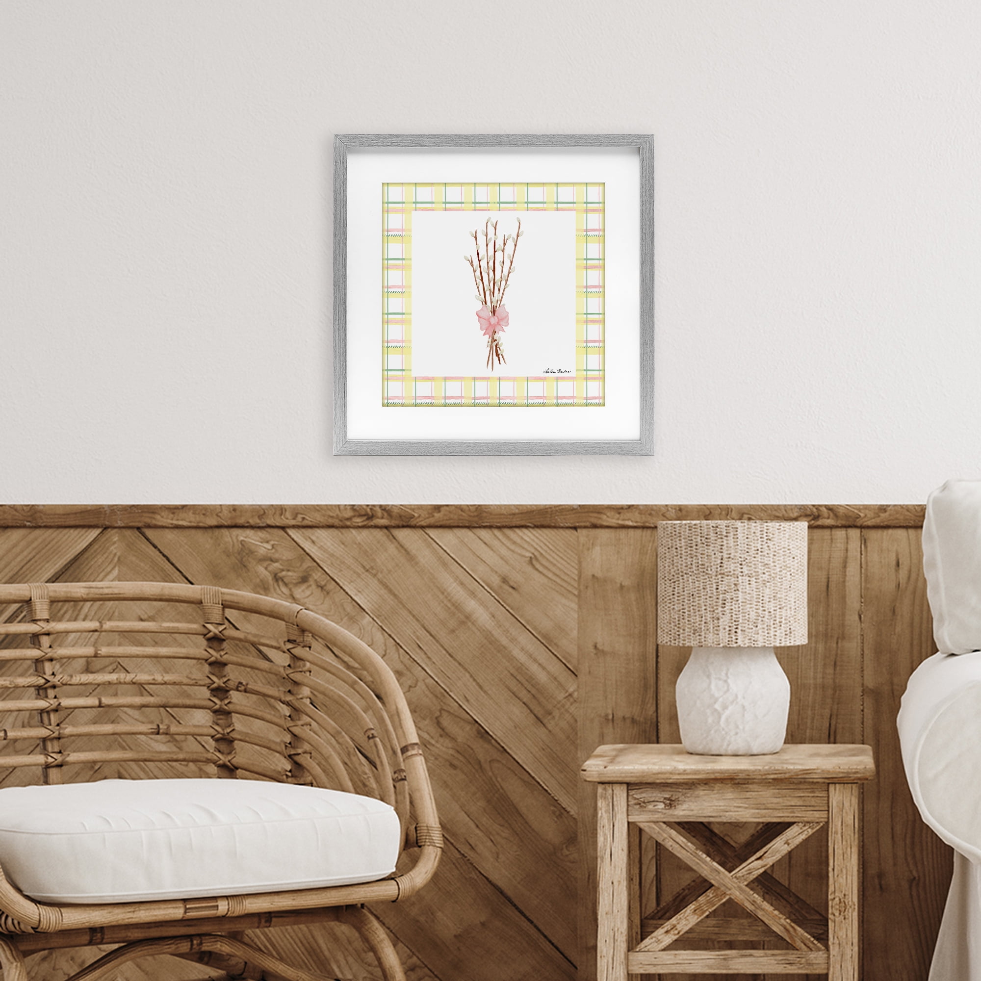 Pastel Spring Pussy Willow Gray Framed Print Under Glass, design by Lee Ann Sanders