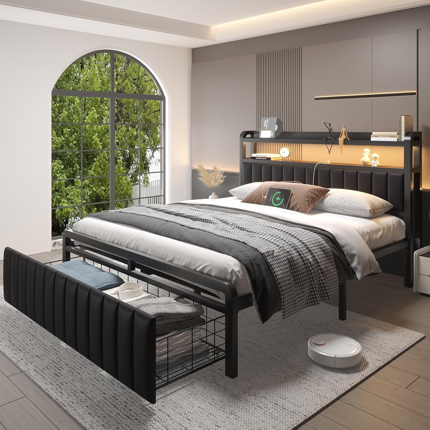 Full Size Bed Frame with Storage Drawer, LED Upholstered Platform Bed with Charging Station, Metal Slats, Black