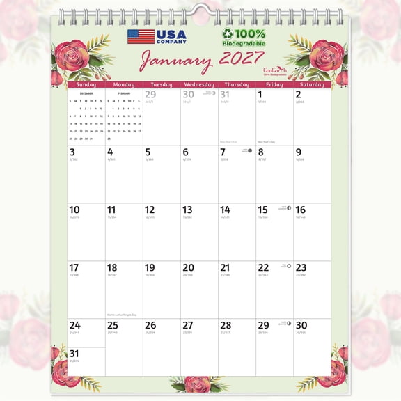 EcoEarth 18-Month Vertical Wall Calendar, Blossoms, 8.5" x 11", July 2026 - December 2027