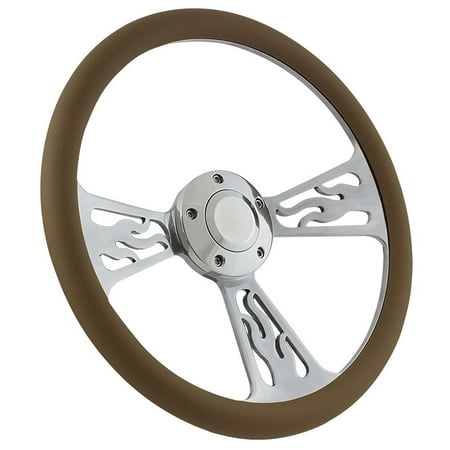 - Flame Boat Steering Wheel 14 Inch Aluminum With Tan Vinyl Half Wrap, Horn, and Installation Adapter
