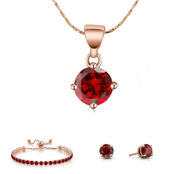 Paris Jewelry 10k Rose Gold 7 Ct Round Created Garnet Set of Necklace, Earrings and Bracelet Plated