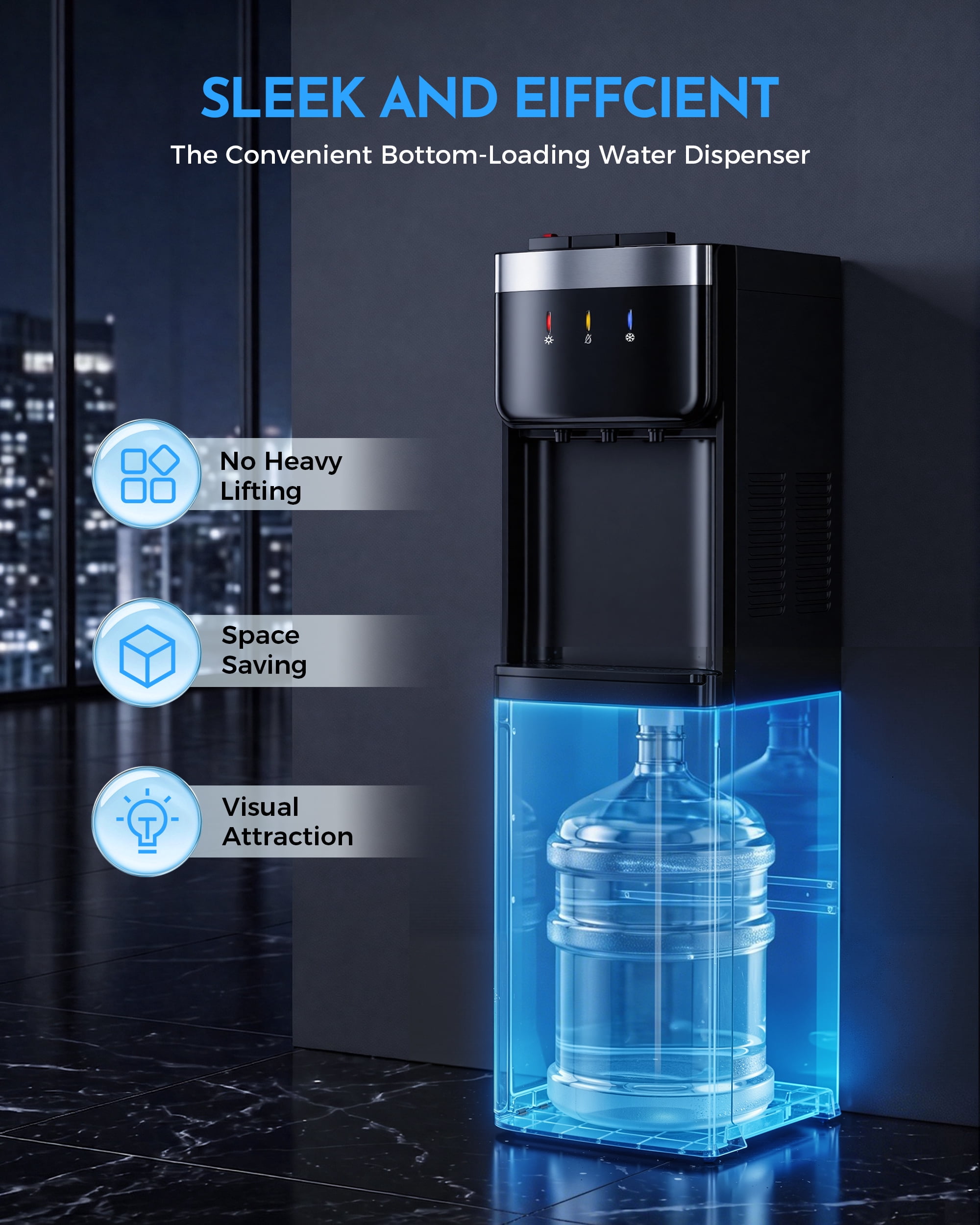 UrbanSync Bottom Loading Water Dispenser with Compressor Cooling, No Heavy Lifting 3-5 Gallon, Hot, Cold & Room, Child Safety Lock, Stainless Steel Body, New
