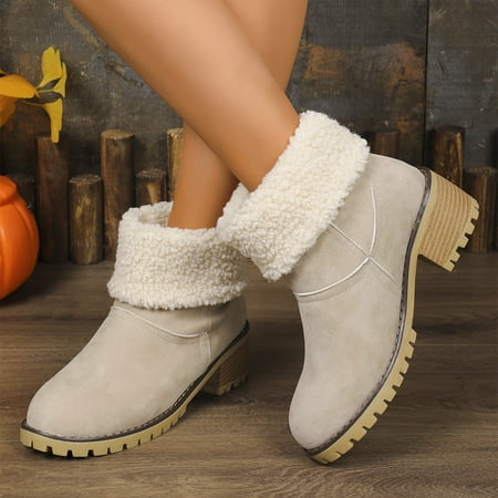 

YOUSNH Women s Autumn and Winter Suede Solid Color Mid Calf Boots Warm Casual Style Slip on Boots Woman Shoes Beige 6.5
