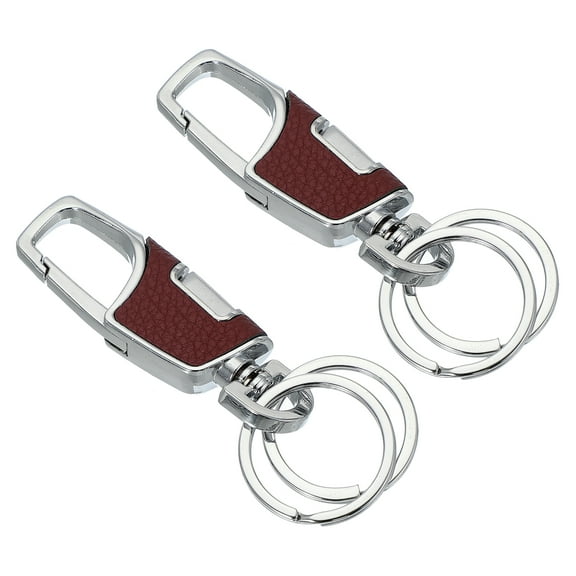 Uxcell Car Key Chain, 2 Pack Leather Keychain Stainless Steel Buckle Keys Holder with 2 Rings, Wine Red