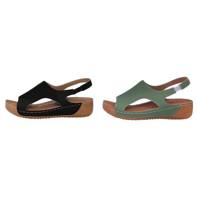 (2-Pack) Rinsvye Women Summer Retro Solid Color Leather Look Platform Wedge Sandals Open Toe Big Size Footwear Ladies Summer Shoes