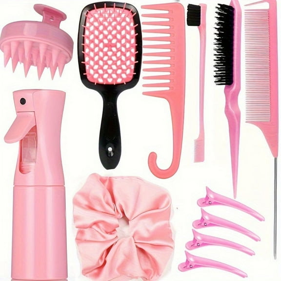 12pcs/Set Hair Styling Comb Set, Detangling Hair Brush For All Hair Types, Detangler Brush Teasing Hair Brush Rat Tail Comb Edge Brush, Silicone Scalp Massager Shampoo Brush For Shower-Pink