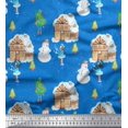 thumbnail image 1 of Soimoi Blue Silk Fabric Snowman,House & Tree Christmas Decor Fabric Printed Yard 42 Inch Wide, 1 of 3
