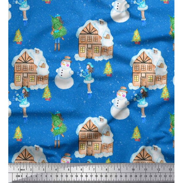 Soimoi Blue Silk Fabric Snowman,House & Tree Christmas Decor Fabric Printed Yard 42 Inch Wide