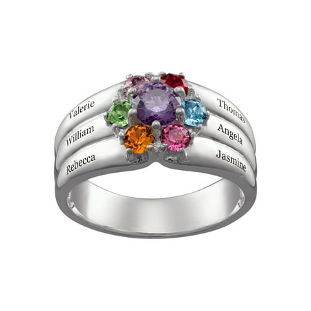 Family Jewelry Personalized Mother's Sterling Silver or 18K Gold over Silver Family Round Birthstone and Name Ring