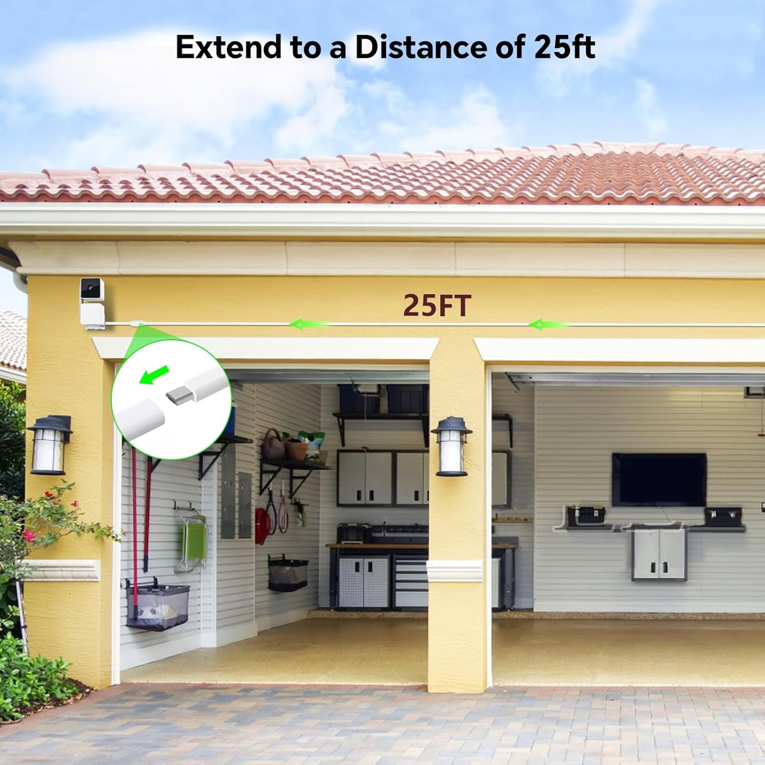 25FT Outdoor Power Adapter for WYZE Cam V4 OG/V3/V3 Pro L-Shape Micro USB Extension Cable Pan V3 Replace Plug IP67 Waterproof Flat Charge Your Camera