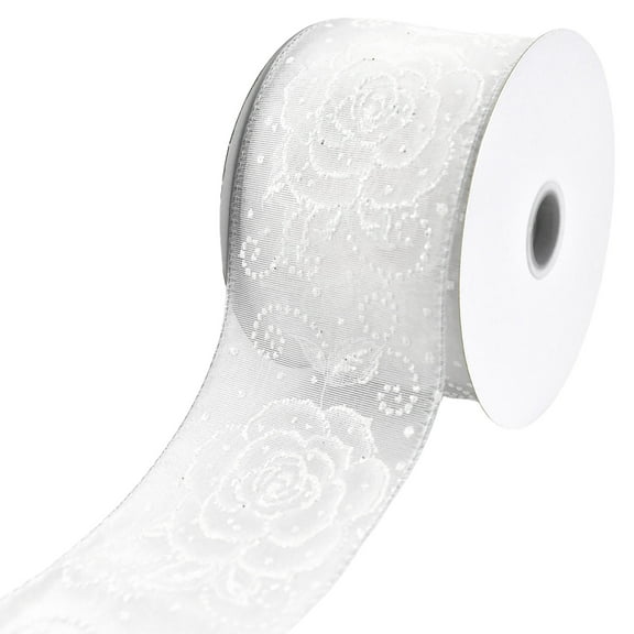 Homeford Sheer Organza Rose Pattern Glitter Dots Wired Ribbon, 2-1/2-inch, 10-yard, White