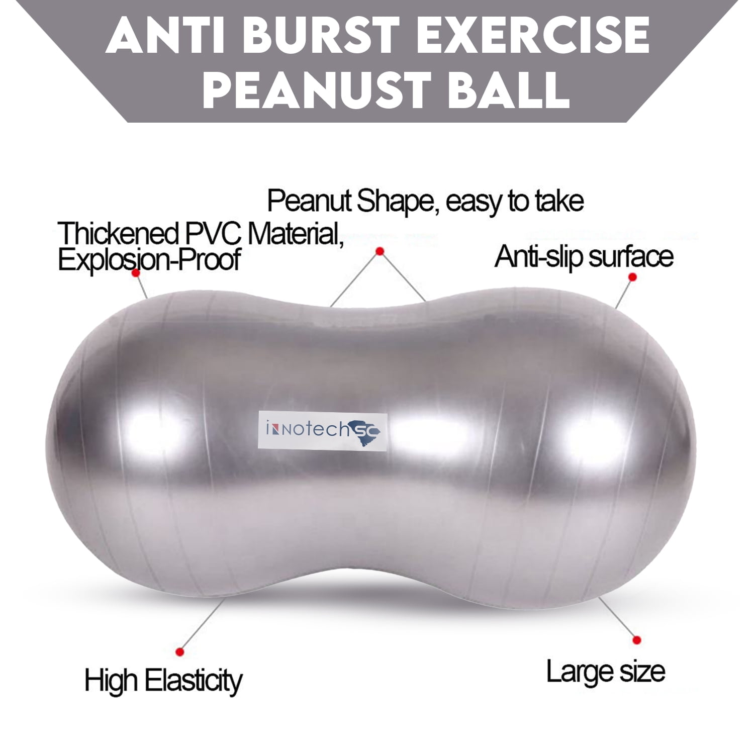 InnotechSC Peanut Ball – Anti-Burst Exercise Ball for Labor, Physical Therapy, Kids, Core Strength, Flexible Seating, Home & Gym Fitness, Sensory Chair Wiggle Seat (Includes Pump) Gray