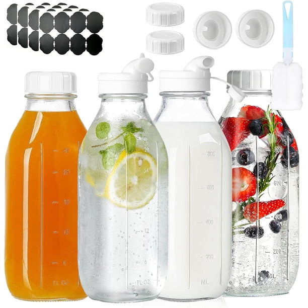 4 PCS Botella de Cristal 1 Litro, Botellas de Vidrio Portátiles para Leche, Botellas de leche con Tapas; Reutilizables para Almacenar Agua, Miel o Salsa