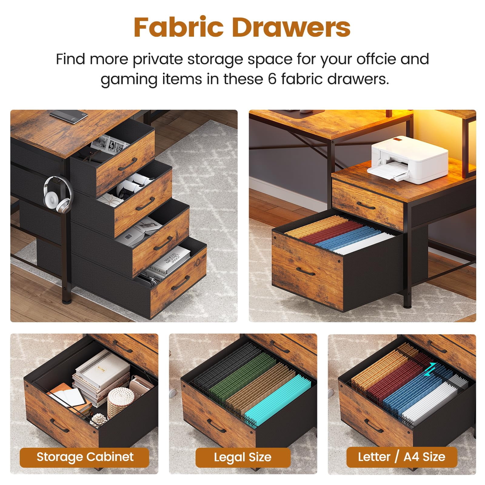 Corner Computer Desk with Led Lights and Monitor Shelf, Two Person Desk, L Shaped Desk with 6 Drawer, 108" Home Office Desk with File Drawer & Power Outlet, Rustic Brown