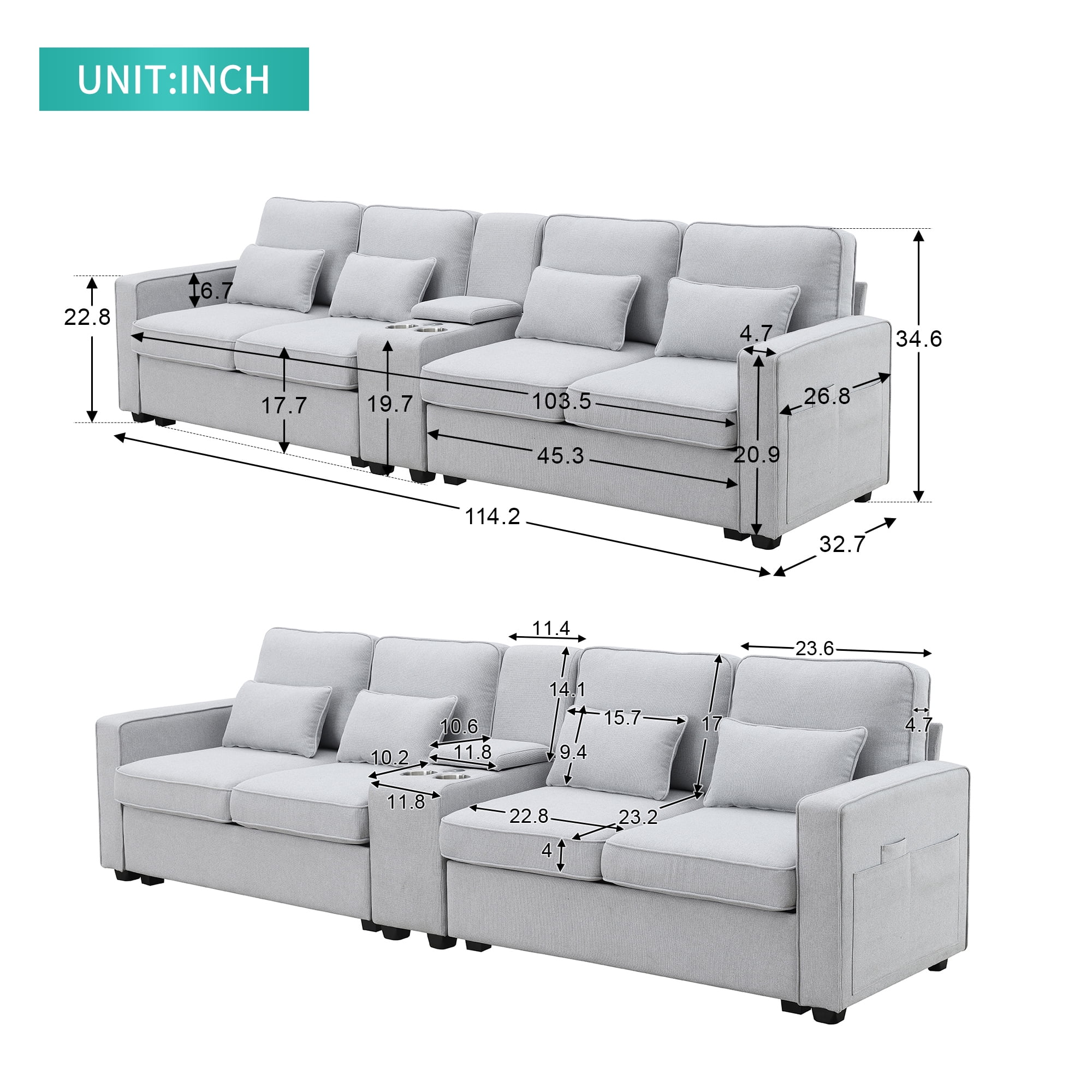 Upholstered Sectional Sofa with Console,114.2inch Modern 4 Seater Sofa Fabric Sofa with 4 Pillows and 2 Cup Holders and 2 USB Ports for Living Room, Apartment, Office,Light Gray