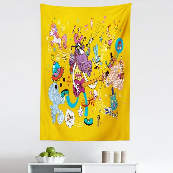 Alien Trippy Tapestry, Colorful Design Guitar Player Hippie Man Fun Day Music Creatures, Fabric Wall Hanging Decor for Bedroom Living Room Dorm, 5 Sizes, Pale Orange Multicolor, by Ambesonne