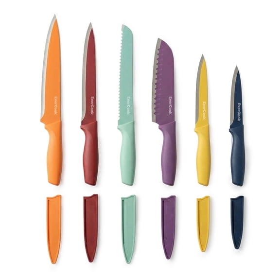EverCook 12-Piece Kitchen Knife Set with Blade Sheaths, Stainless Steel Cutlery, Multi