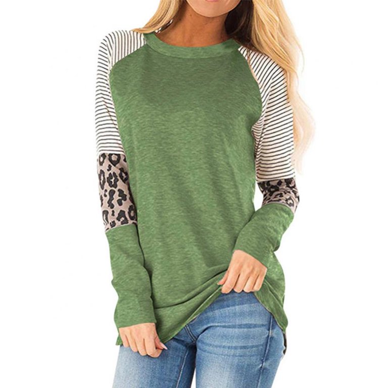 Round Neck Stitching Leopard Loose Long-Sleeved T-Shirt Round Neck Stitching Leopard Loose Long-Sleeved T-Shirt
