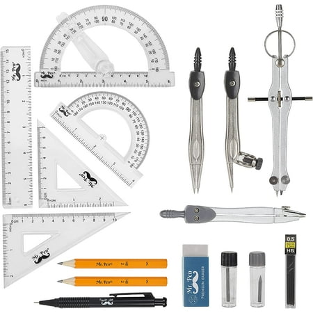 Mr. Pen Compass with Swing Arm Protractor Set with Divider, Set Squares, Ruler, Protractor, 15 Count