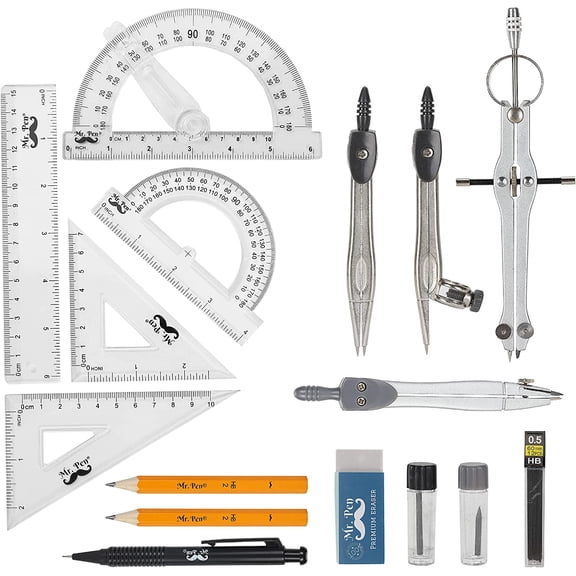 Mr. Pen Compass with Swing Arm Protractor Set with Divider, Set Squares, Ruler, Protractor, 15 Count