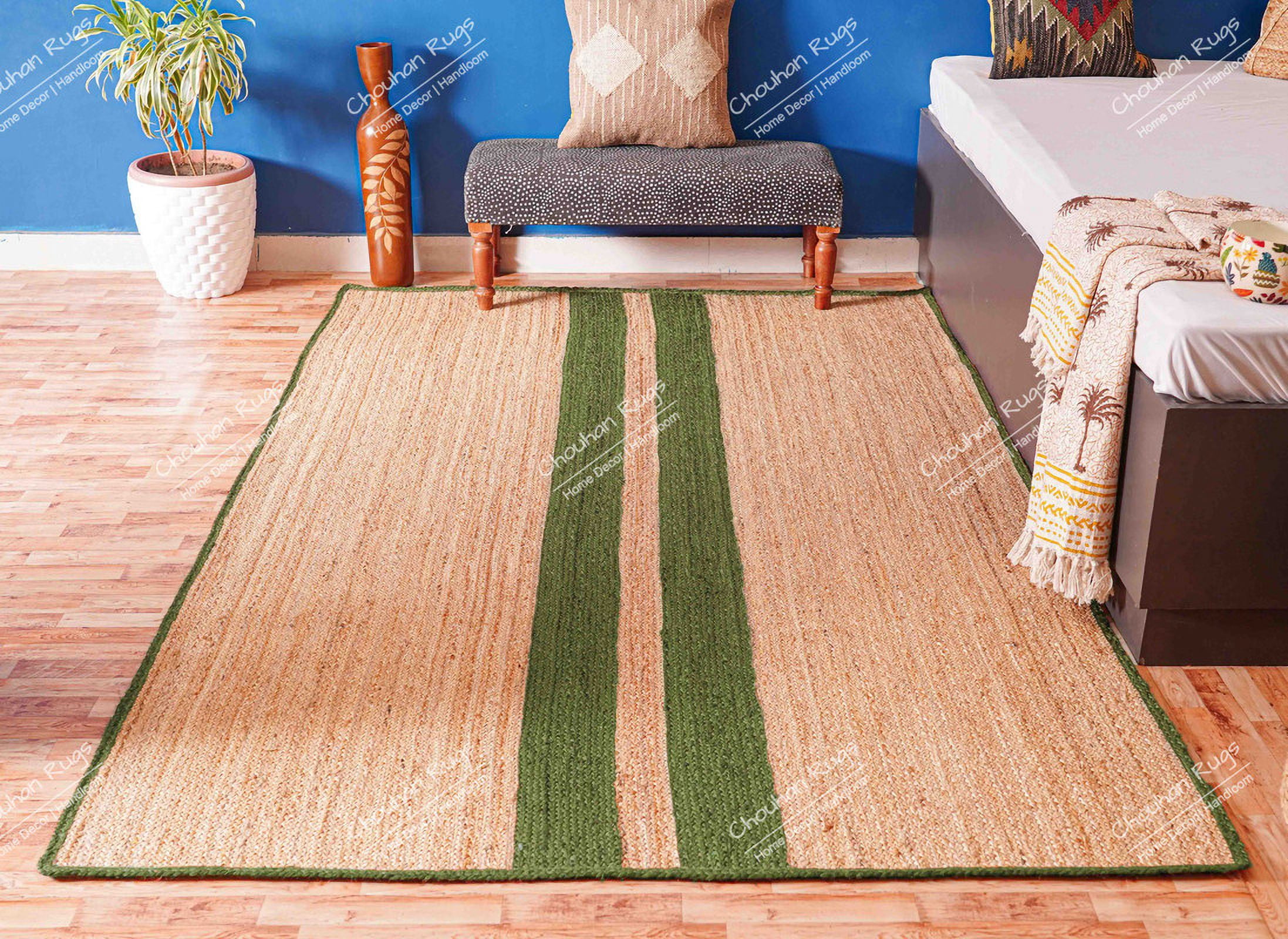 Chouhan Rugs Natural Jute Green Lined Rug Bohemian Rug Decor Rug Handwoven Rug Custom Rug Decorative Rug