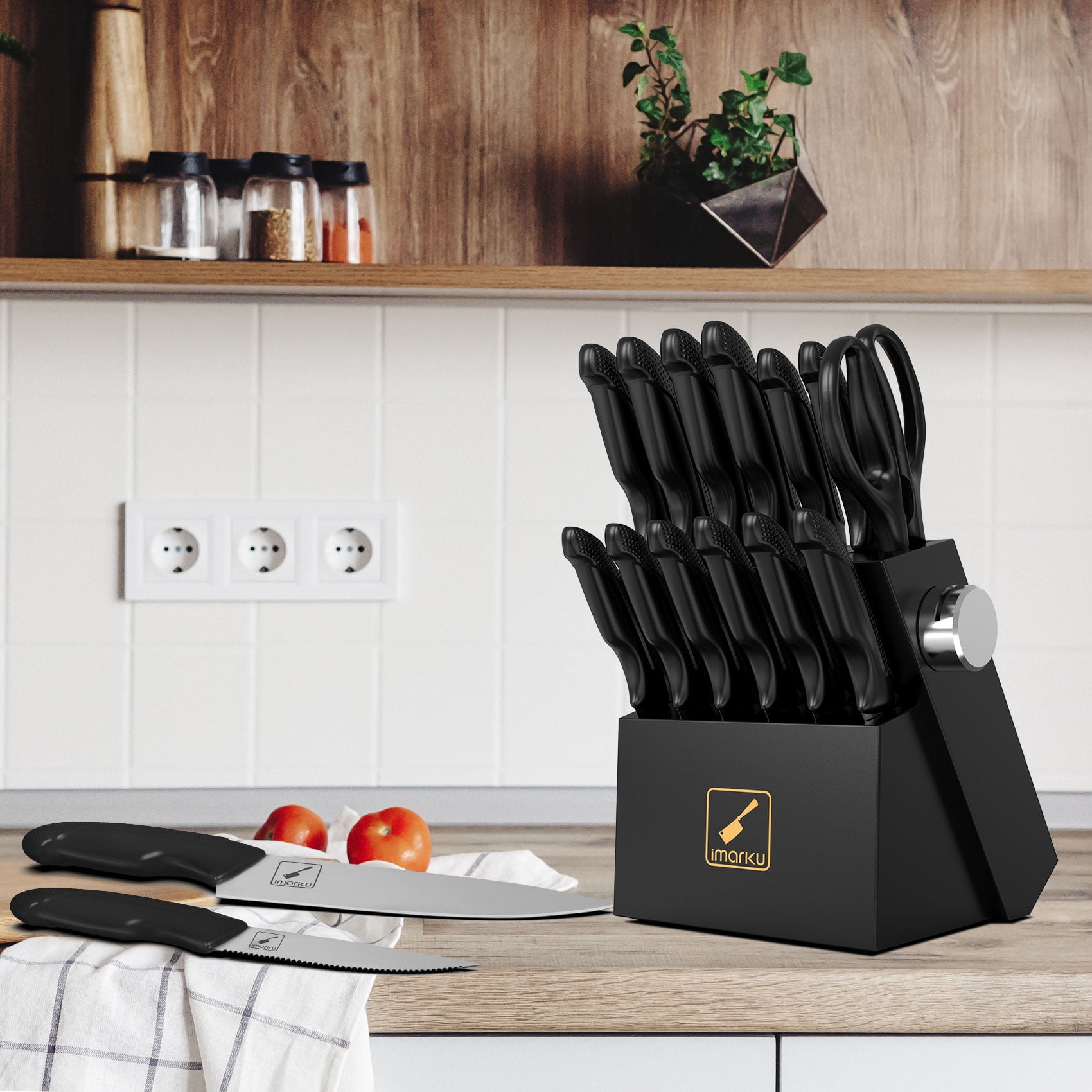 imarku Knife Set with Block, Sharp Knife Set with Built-in Sharpener, Stainless Steel Kitchen Knife Set with Non-Slip Ergonomic Handle, Dishwasher Safe, 14 PCS Professional Knife Set for Gift, Black